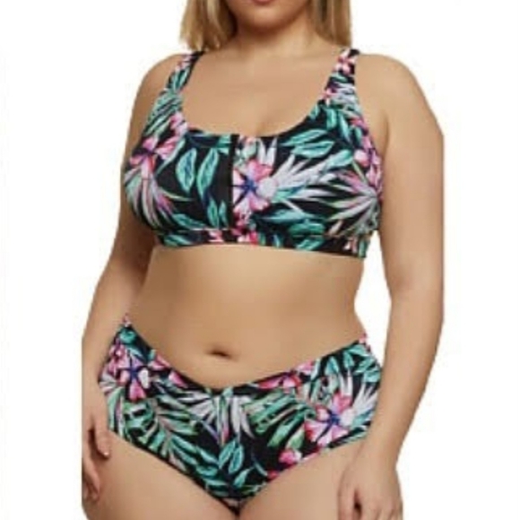 SEXY ☆ BLACK TROPICAL PRINT ☆ ZIP FRONT ☆ CAGED RIBBED BIKINI ☆ NWT - Picture 3 of 12